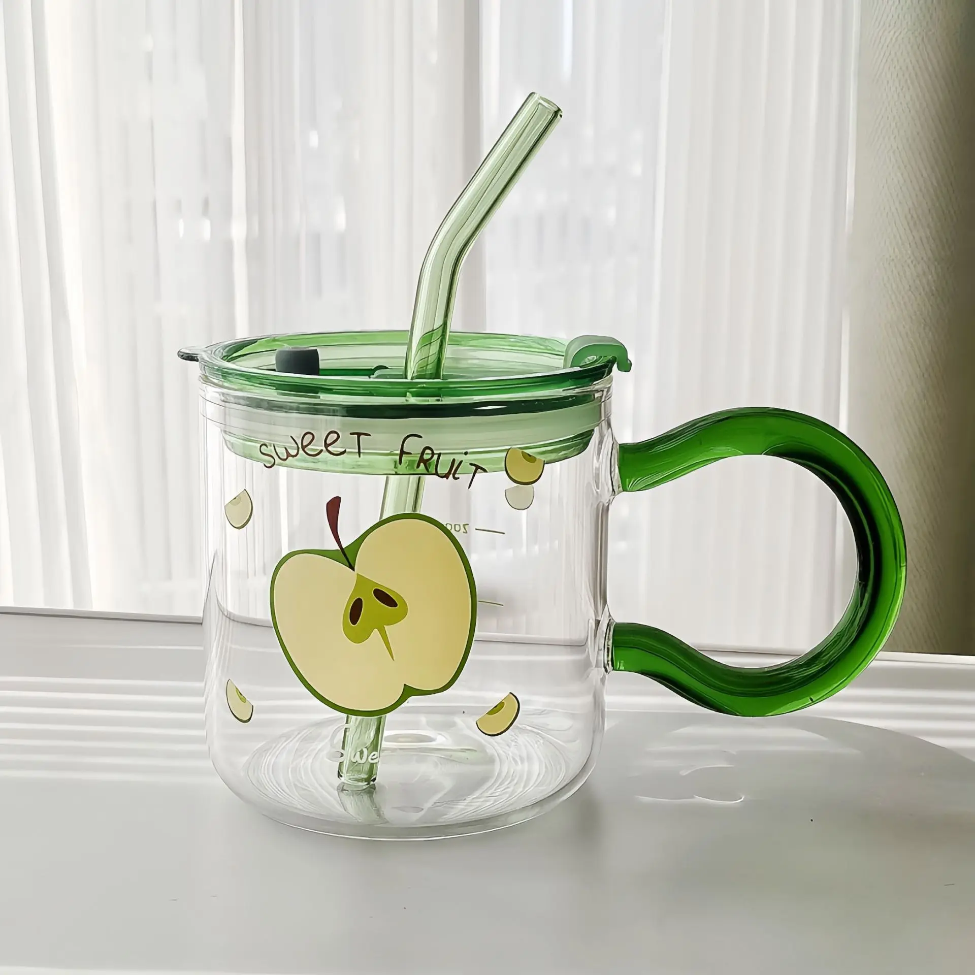 玻璃杯ins风卡通印花水杯吸管杯加盖勺把手防烫耐热宿舍办公家用