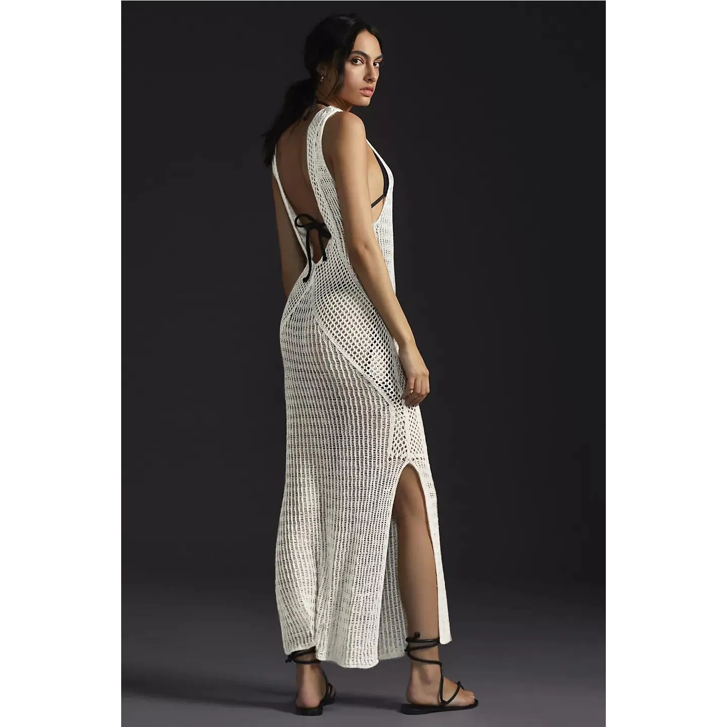 欧美镂空针织露背裙沙滩罩衫连衣长裙度假外搭防晒