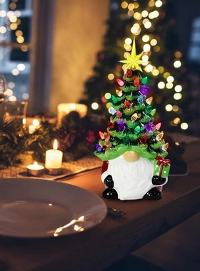 2023圣诞新款电池发光树脂侏儒彩灯陶瓷圣诞树圣诞节桌面装饰品