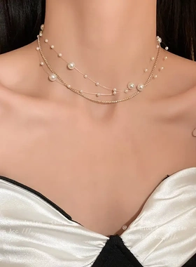 镶钻珍珠不规则叠加项链法式复古气质颈链温柔时尚项饰女