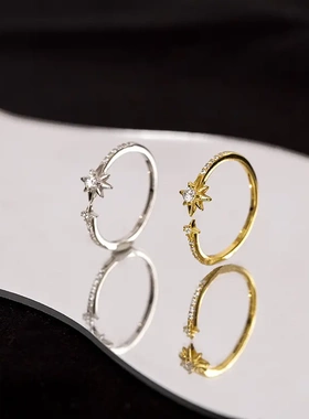 s925银韩国星星六芒可调节开口戒指镀14k食指戒ins小众设计