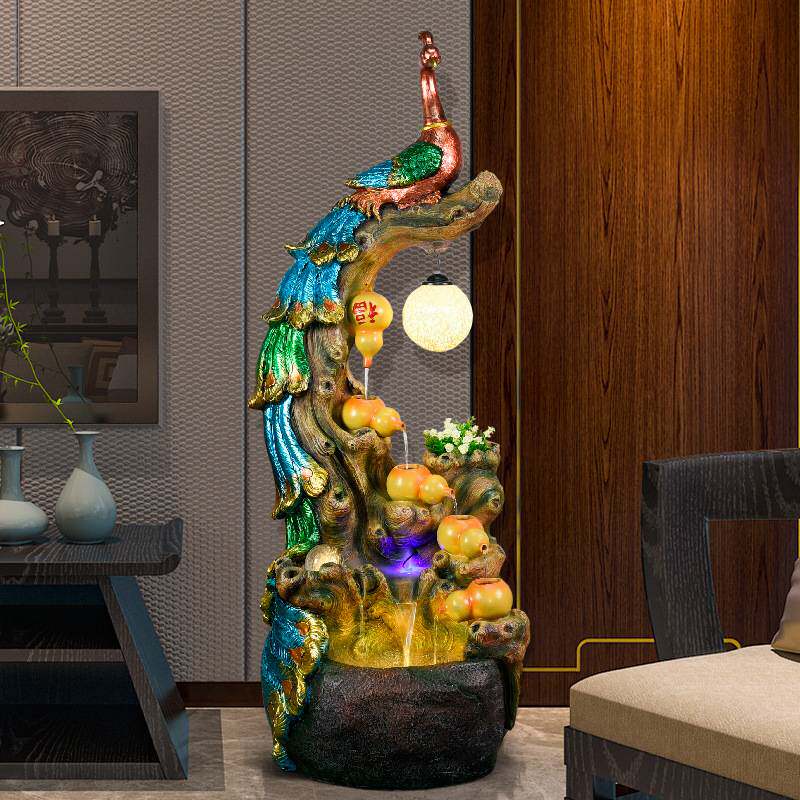 假山流水喷泉客厅加湿器家居装饰简约时尚办公室盆景孔雀落地摆件