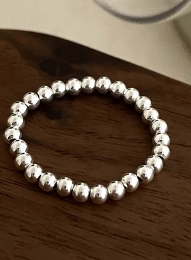 s925银小众素银圆珠戒指女简约个性叠戴串珠尾戒食指环手饰