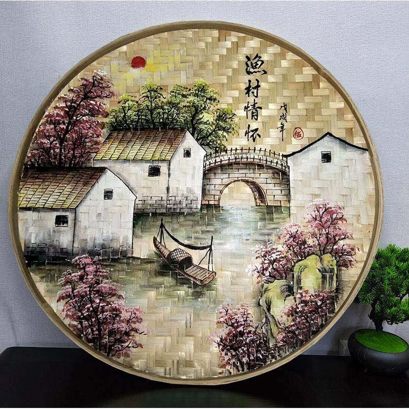 手绘竹编簸箕画农家乐装饰竹编制品墙上墙壁挂饰墙面圆形挂件田园图片
