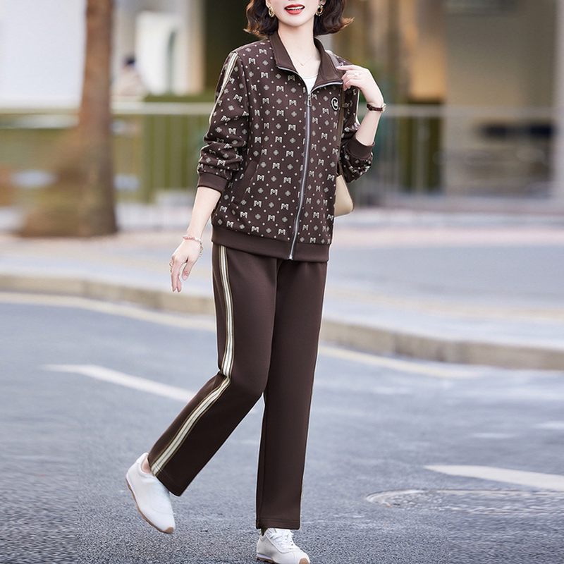 中老年妈妈秋季套装女印花立领拉链外套大码宽松休闲长裤两件套