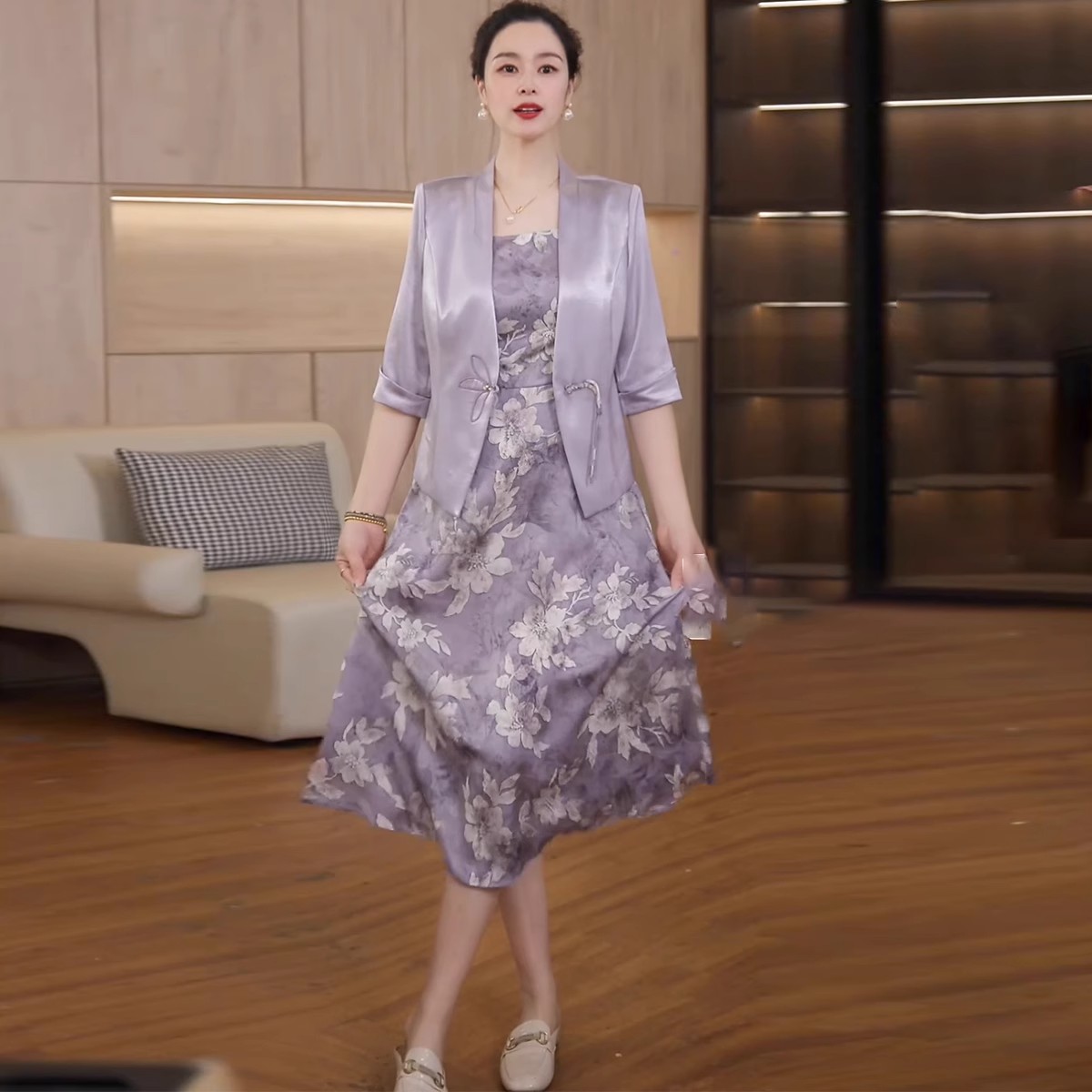 妈妈装夏装新中式外套连衣裙两件套中老年套装时尚休闲长裙子套装