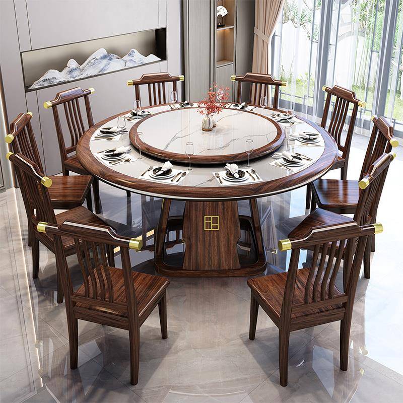 新中式乌金木实木岩板餐桌电磁炉家用12人带转盘高端别墅圆桌子