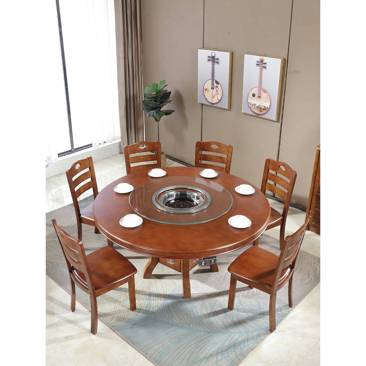 火锅店桌子带电磁炉下沉式一体商用饭店家用6/10人实木圆形餐桌椅