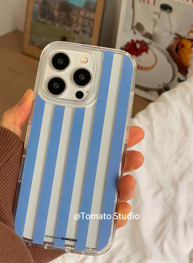 ins风韩系小众设计蓝色条纹苹果16promax高透手机壳新款小清新iPhone15promax保护套14/13/12/11硅胶防摔16e