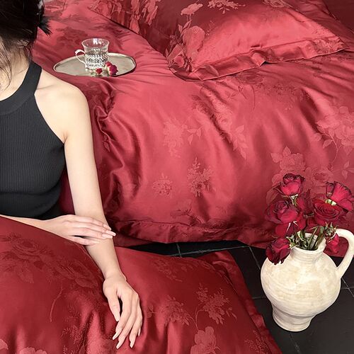 浪漫大红色婚庆提花四件套 结婚B版1D00S长绒棉贡缎丝滑光泽感床