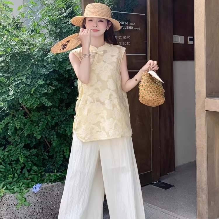 新中式国风斜襟盘扣无袖提花背心睡衣女2025夏新款上衣长裤家居服