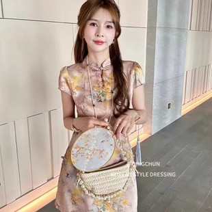 新中式 可外穿 印花睡衣女夏2025新款 气质高级感立领旗袍家居服套装