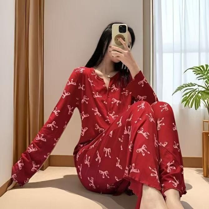 新款莫代尔棉睡衣女春秋季新年本命年喜庆结婚蝴蝶结可外穿家居服