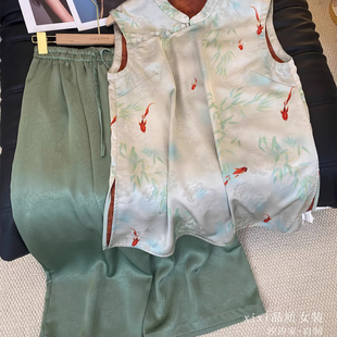 新中式 年年有鱼印花睡衣女夏2025新款 老钱风背心阔腿裤 家居服套装