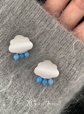 S925纯银色云朵雨滴流苏耳钉女