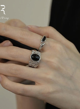 S925纯银色中古黑色蛋面戒指女