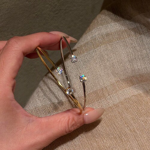 S925纯银复古金色闪钻素圈手镯女
