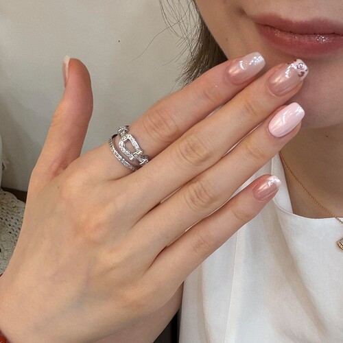 S925纯银色双层镶钻马蹄扣戒指女