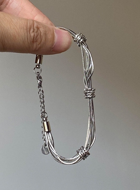 S925纯银色中古多层绳结手链女