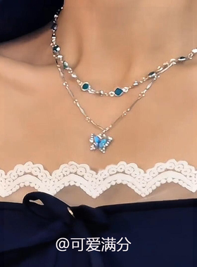 S925纯银蓝色蝴蝶锆石项链女