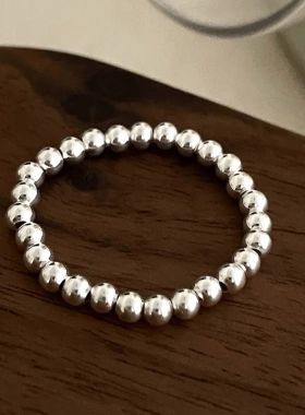 s925银小众素银圆珠戒指女简约个性叠戴串珠尾戒食指环手饰