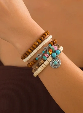 欧美饰品 民族风不规则木珠串珠手链 金属感松石braelet套装