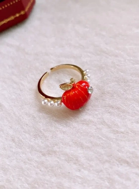 红色滴油珍珠款开口戒指小众设计感食指戒童趣可爱高级感手饰