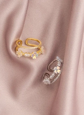 贝壳花朵镶钻双层开口戒指女小众设计高级感时尚食指个性开口指环