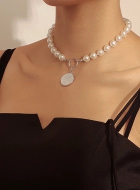 欧美饰品 ins混搭贝珠串珠颈链圆形白贝母吊坠项链女 hoker