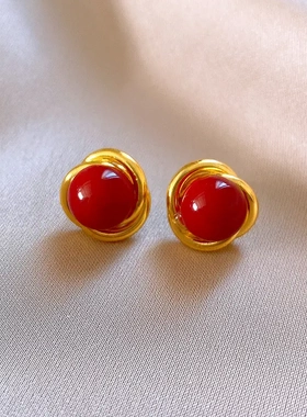 银针拉红色滴油椭圆形耳钉复古港风耳环简约高级感耳饰女