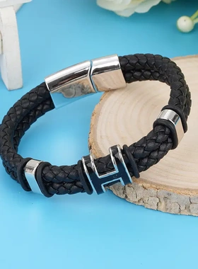 欧美新款磁铁扣士时尚朋克复古编织合金双环配件手镯