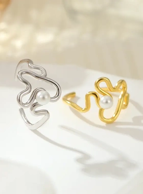 s925银不规则几何镶贝珠戒指女质感个性小众开口可调节指环