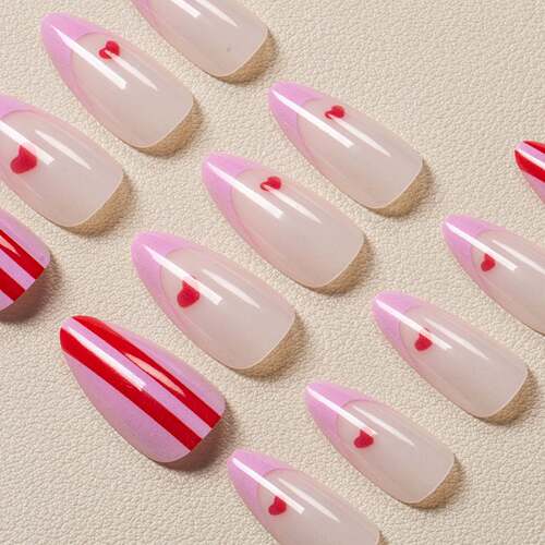 杏仁甲法式简约波浪线条爱心穿戴甲短款美甲穿戴甲press on nail