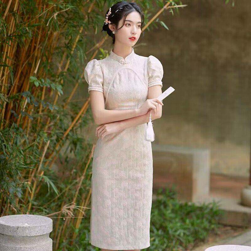 2024新款改良提花时尚日常年轻少女中长款新中式泡泡袖旗袍连衣裙