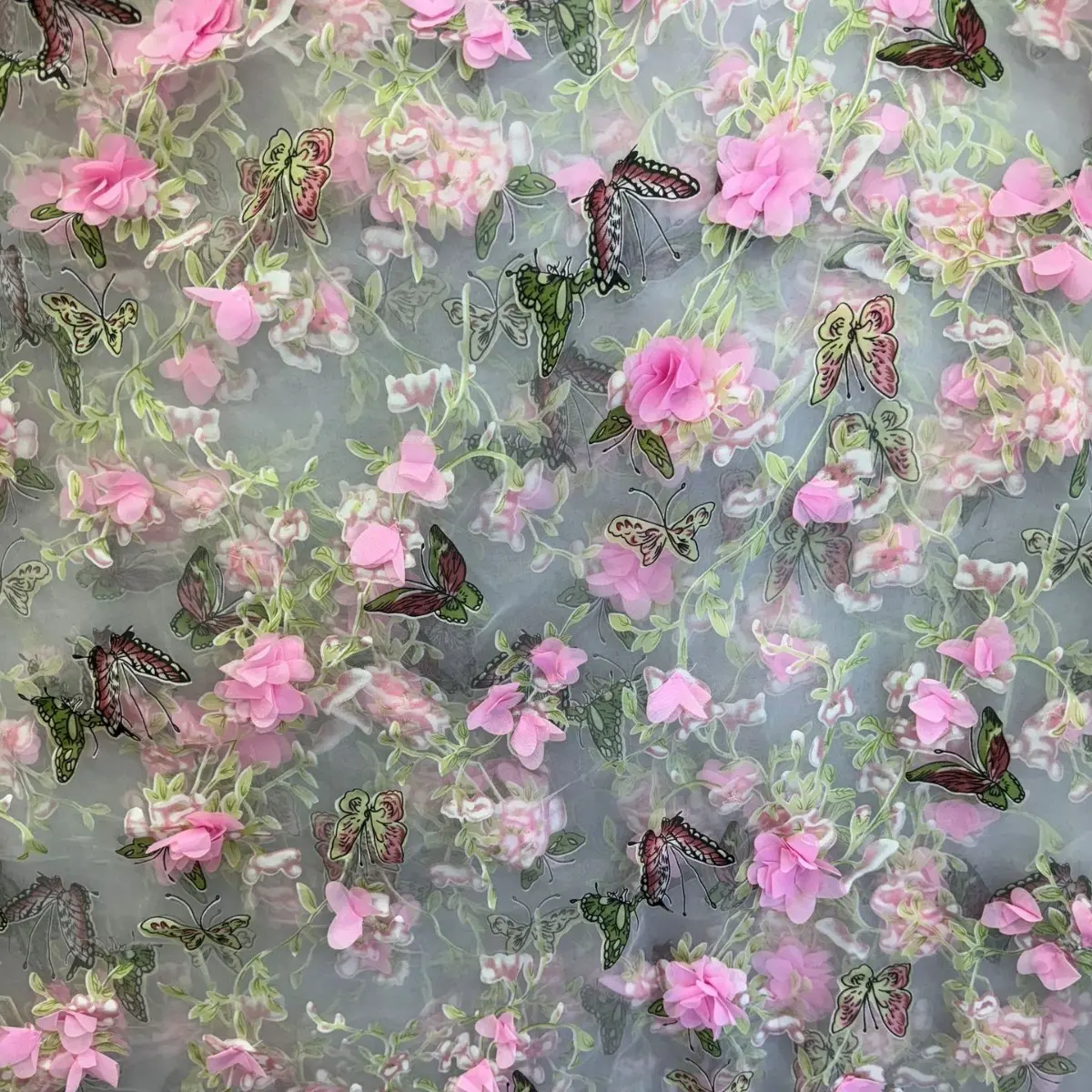 热销3d手工钉花立体面料欧根纱印花花连衣裙雪纺绣花面料