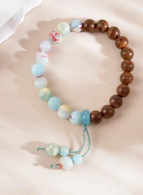 新中式天然寿山石雨花石手串绿檀手链女手工木质款百搭手串