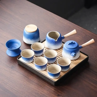 家用泡茶器办公会客盖碗茶壶侧把壶茶杯 轻奢粗陶功夫茶具套装