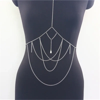 wq2348欧美body hain时尚个性珍珠挂坠多层波浪流苏链挂脖身体链