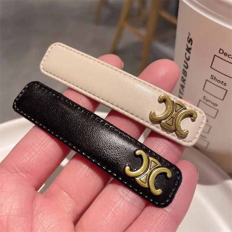 百搭黑色皮质bb一字夹网红凯旋门发夹女高级感侧边夹刘海夹发卡子