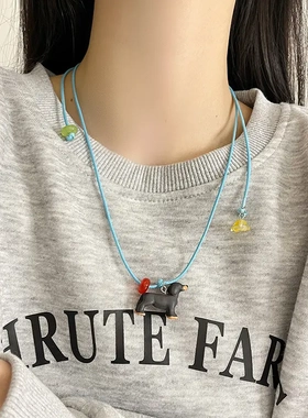 可爱立体卡通腊肠狗吊坠项链女蓝色皮绳长款毛衣链卫衣链配饰