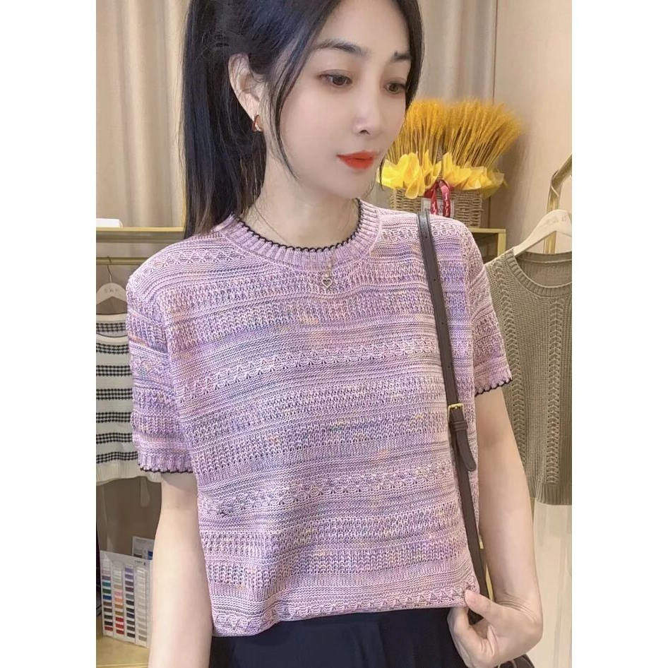 2025夏季新款时尚休闲百搭星空幻彩点子纱镂空钩花短袖T恤衫上衣