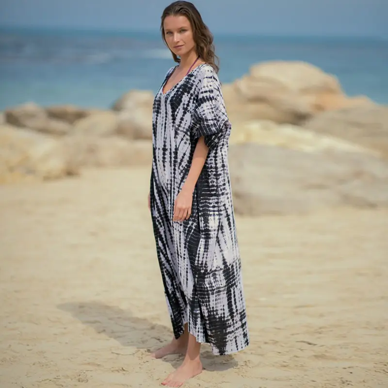 欧棉定位晕染沙滩裙宽松大码长裙比基尼罩衫防晒衫女长袍