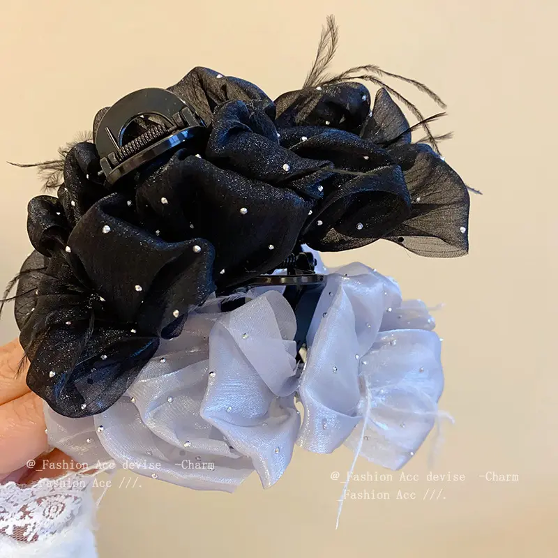 镶钻网纱羽毛发抓韩系新款后脑勺盘发夹气质时尚发夹发饰