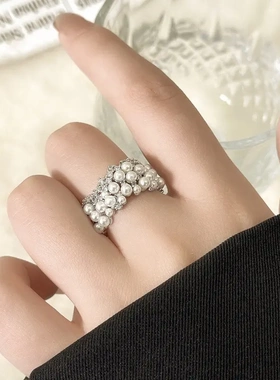 真金电镀锆石圆形珍珠款开口戒指气质冷淡风食指戒法式复古手饰女