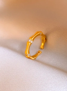 中古风简约拉丝竹节锆石开口戒指轻奢时尚食指戒复古高级感手饰女