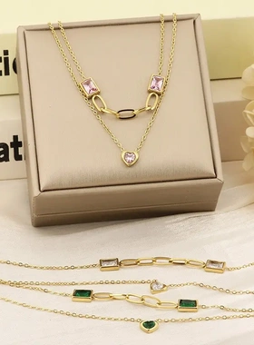 欧美ins个性轻奢双层叠戴锆石方块设计感百搭爱心项链
