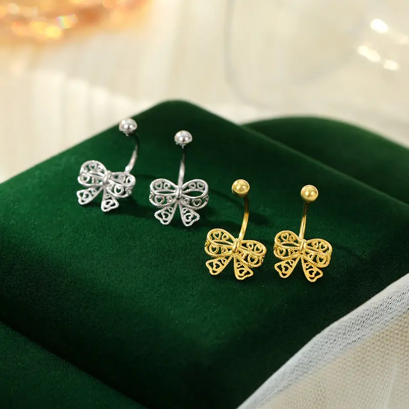 s925银韩式甜美结耳钉女蕾丝镂空冷淡风u形耳骨耳饰品