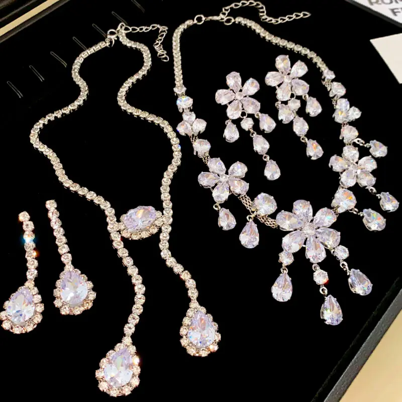 欧美五瓣花朵锆石圆形水滴流苏项链耳环复古轻奢满钻高级感配饰女
