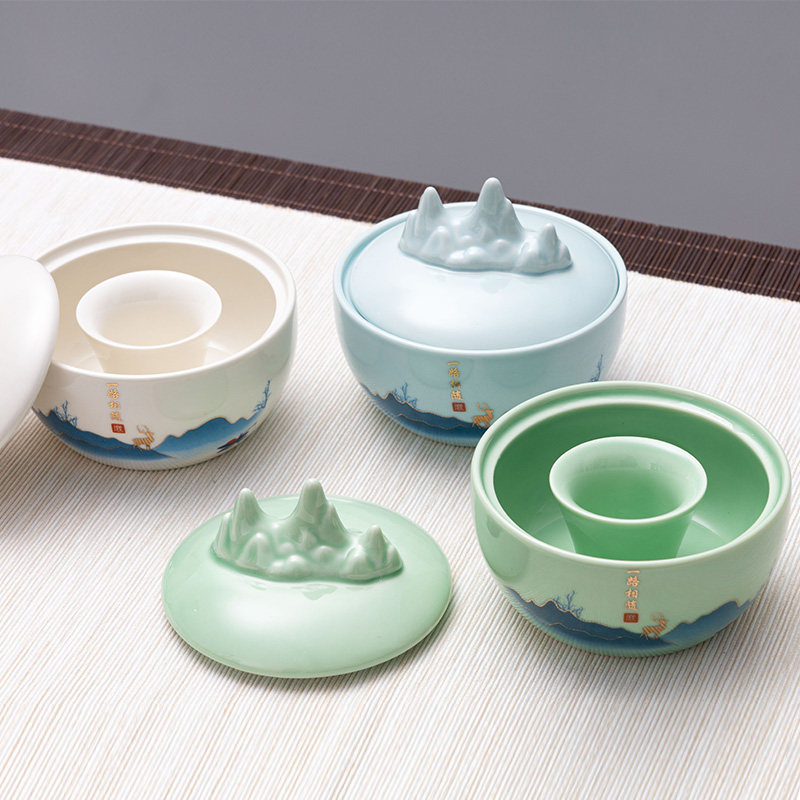 带盖火锅砚台陶瓷保湿不干墨书法专用不干笔墨池毛y笔墨蝶笔架山