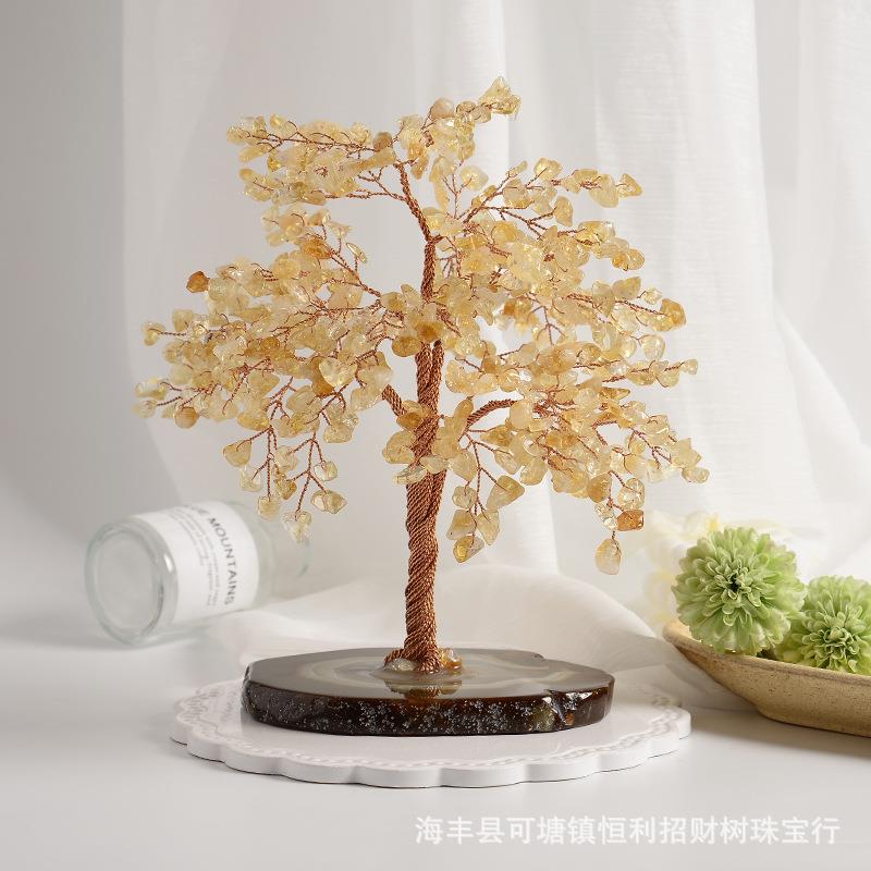 天然黄水晶碎石发财树纯手工制作玛瑙底座桌面摆件梳妆台精致装饰